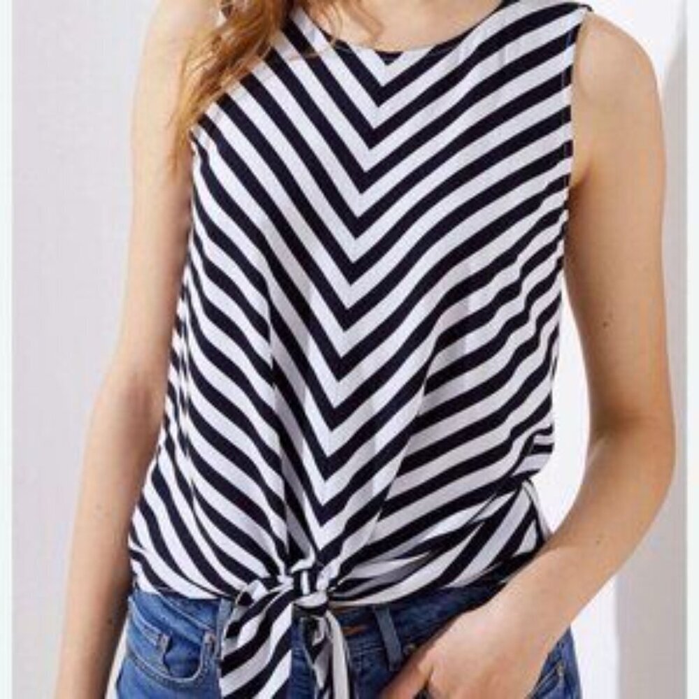 LOFT Tie Front Stripe Sleeveless Button Lightweight Blouse Size M